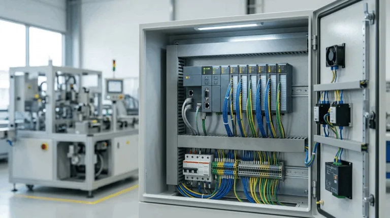 A PLC control system in an industrial cabinet, illustrating automated solutions for Malaysian businesses.