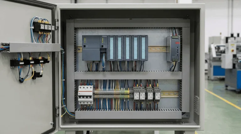 An open electrical control panel containing a PLC system and organized wiring.